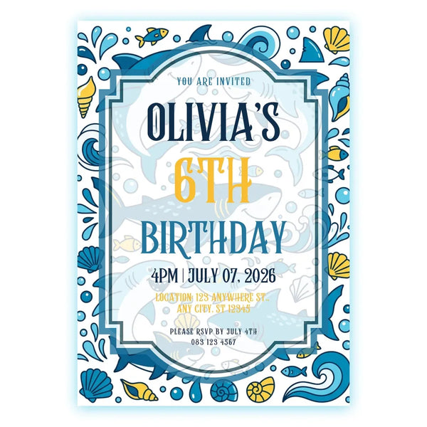 Personalised shark ocean birthday party invitation with bold blue sharks and waves featuring playful sea creatures