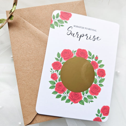 Standing surprise card with red roses and scratch sticker