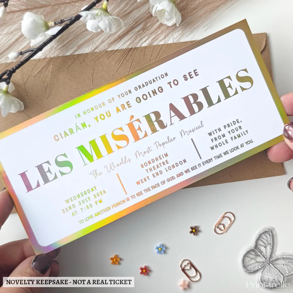 Personalised Theatre Show Ticket Reveal | Musical Show Surprise | West End & Beyond - rainbow holographic foil,