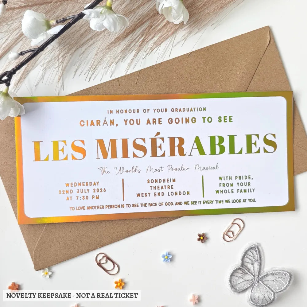 Personalised Theatre Show Ticket Reveal | Musical Show Surprise | West End & Beyond - rainbow holographic foil,