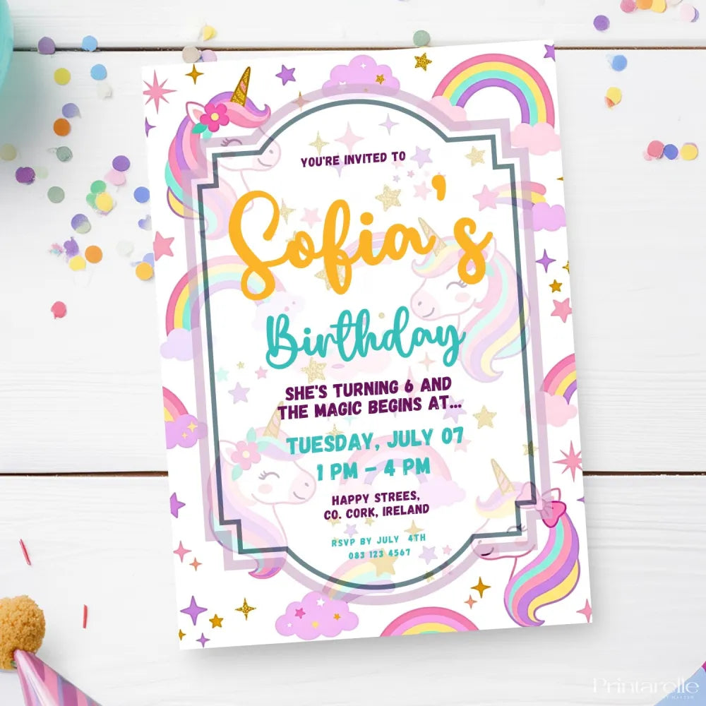 Personalised Unicorn Birthday Party Invitation - unicorn birthday, unicorn birthday party, birthday party invitation,