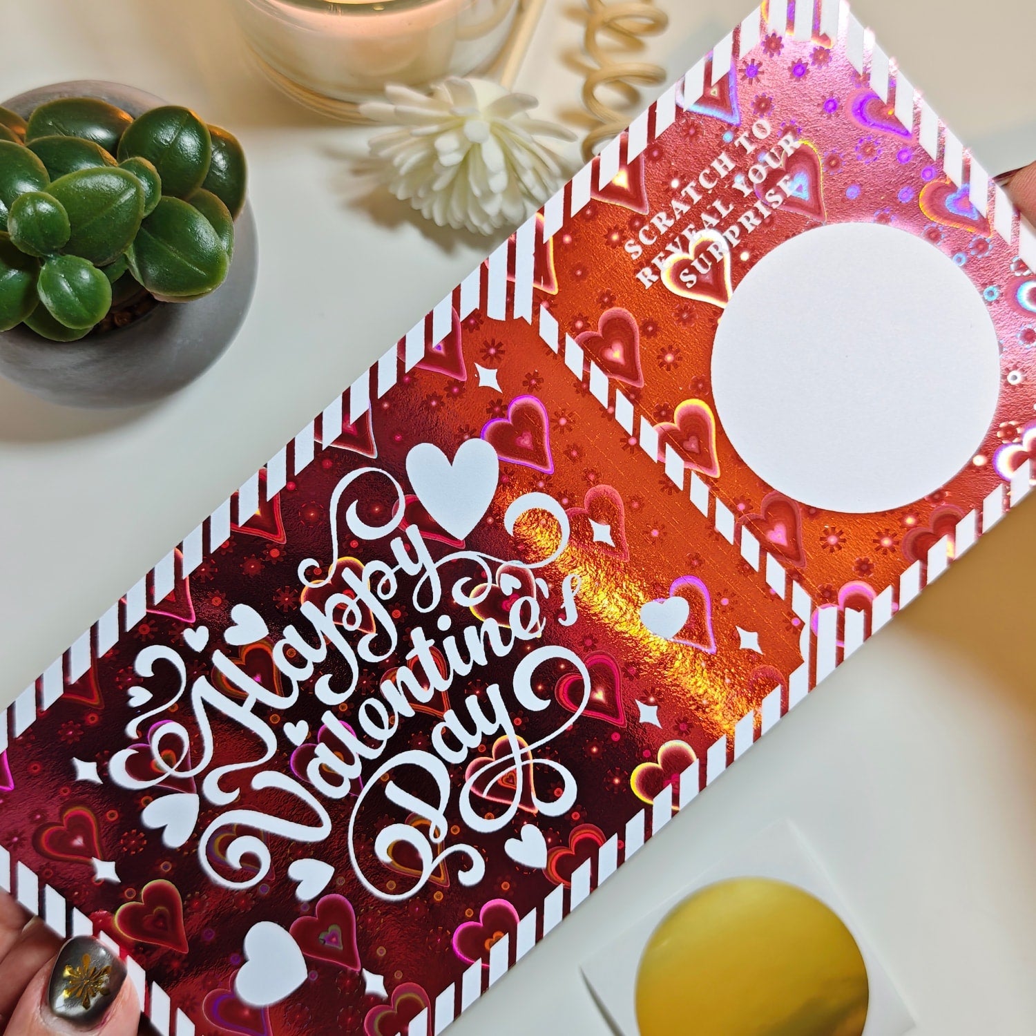 Personalised Valentine Scratch Ticket – Foil Surprise Reveal - Pink Hearts Foil Ticket - Printarelle