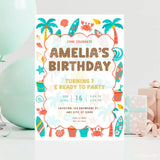 Personalised Watercolour Beach Birthday Party Invitation – Surf Waves & Palm Trees Design - watercolour beach birthday,
