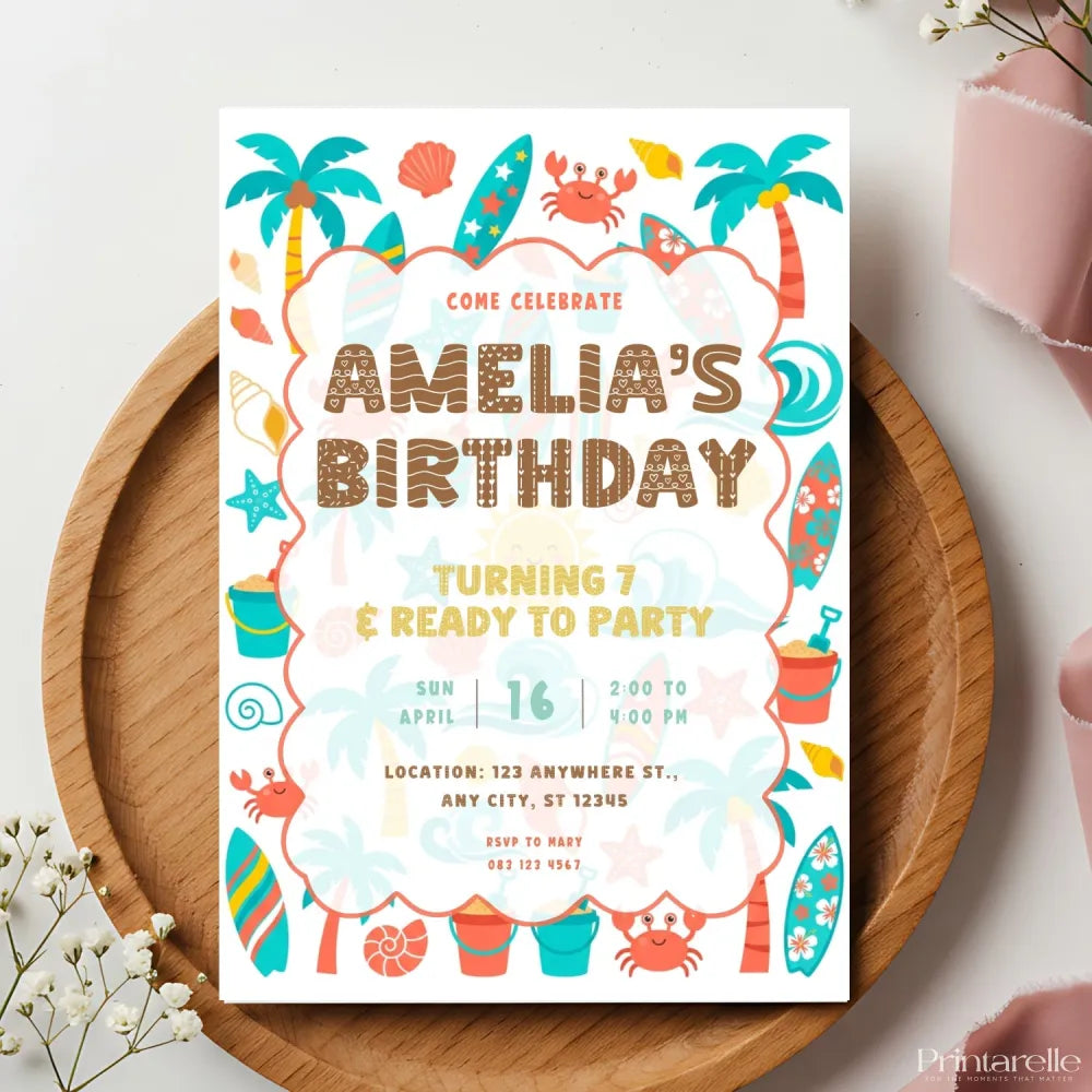 Personalised Watercolour Beach Birthday Party Invitation – Surf Waves & Palm Trees Design - watercolour beach birthday,