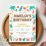 Personalised Watercolour Beach Birthday Party Invitation – Surf Waves & Palm Trees Design - watercolour beach birthday,