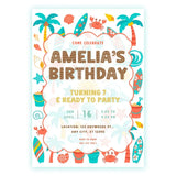 Personalised Watercolour Beach Birthday Party Invitation – Surf Waves & Palm Trees Design - watercolour beach birthday,