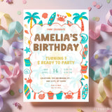 Personalised Watercolour Beach Birthday Party Invitation – Surf Waves & Palm Trees Design - watercolour beach birthday,