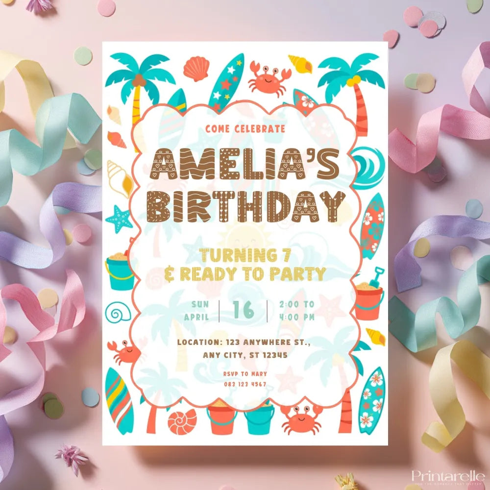 Personalised Watercolour Beach Birthday Party Invitation – Surf Waves & Palm Trees Design - watercolour beach birthday,