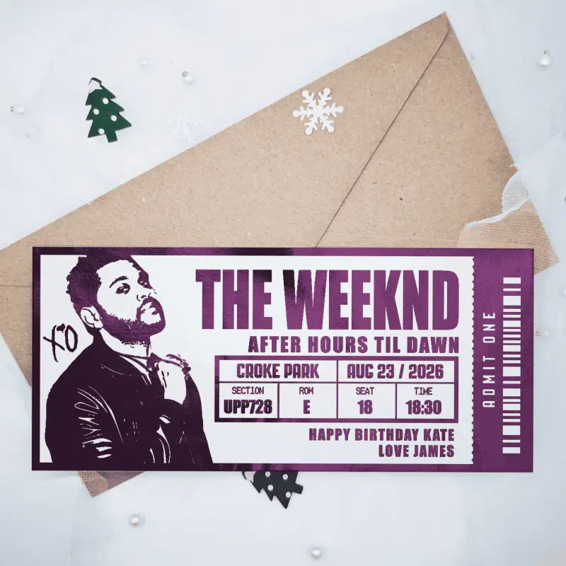 Ticket-style invitation for The Weeknd concert with personalized details on a white background.