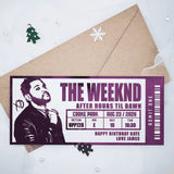 Ticket-style invitation for The Weeknd concert with personalized details on a white background.