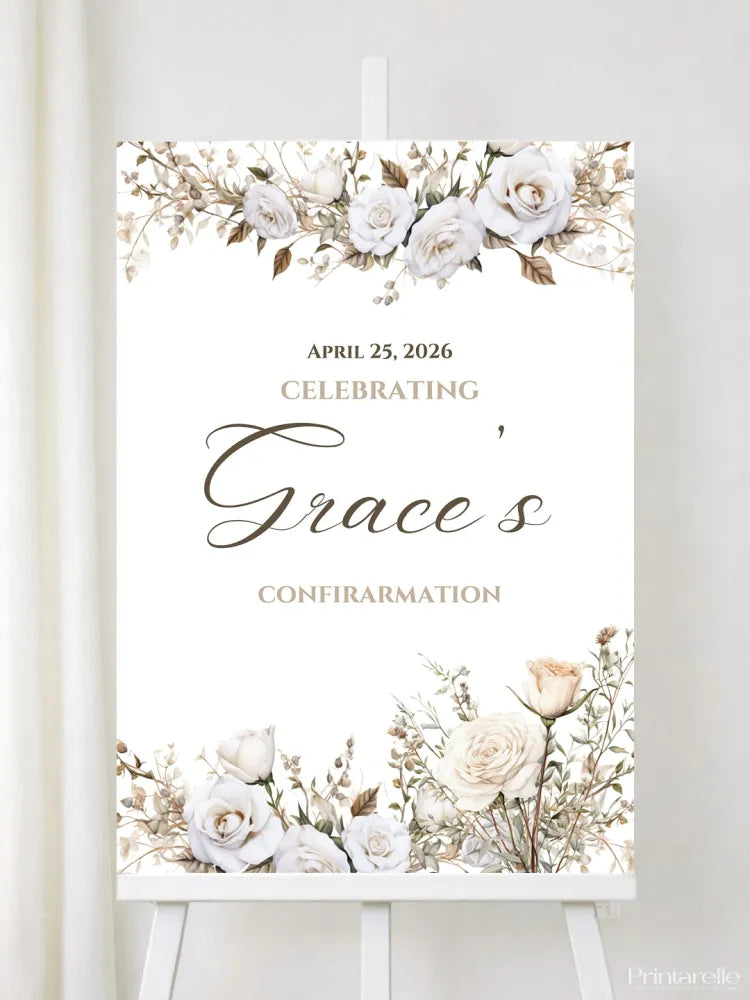 Personalised White Rose Confirmation Welcome Sign - Party Decor - Printarelle
