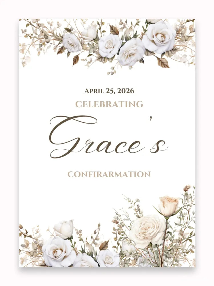 Personalised White Rose Confirmation Welcome Sign - Party Decor - Printarelle
