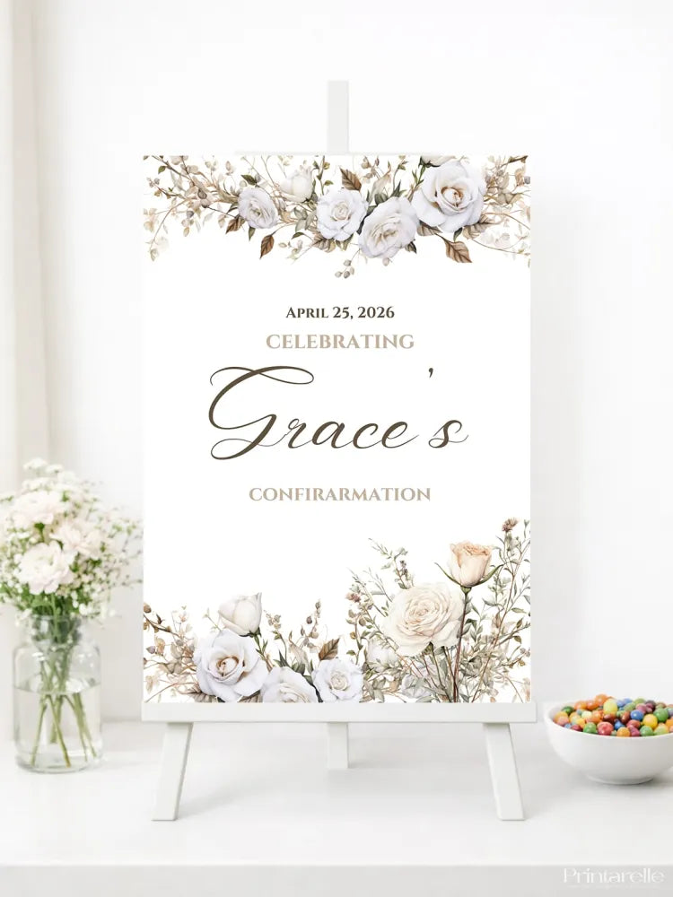 Personalised White Rose Confirmation Welcome Sign - Party Decor - Printarelle