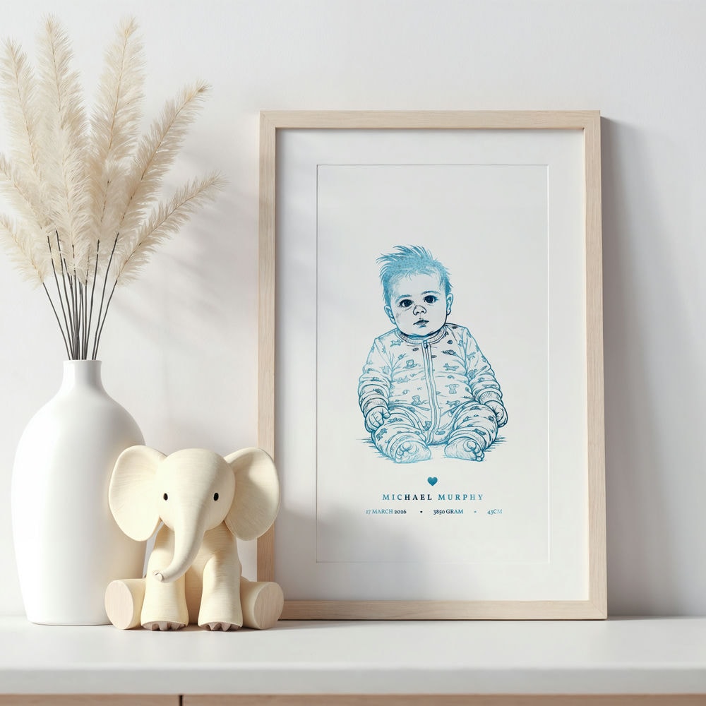 Personalized A4 Blue Foiled Print - Custom Baby Line Art Portrait - Personalized Prints - Printarelle