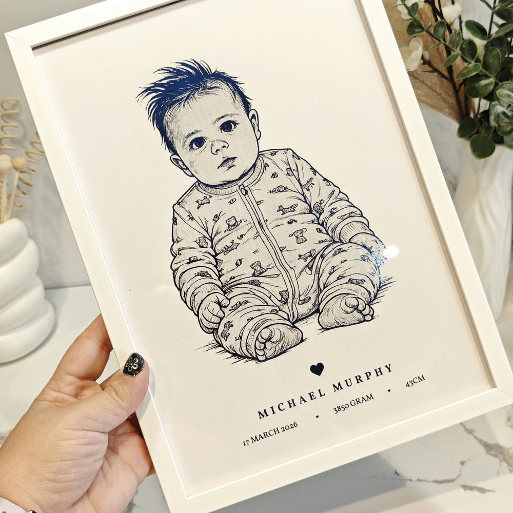 Personalized A4 Blue Foiled Print - Custom Baby Line Art Portrait - Personalized Prints - Printarelle