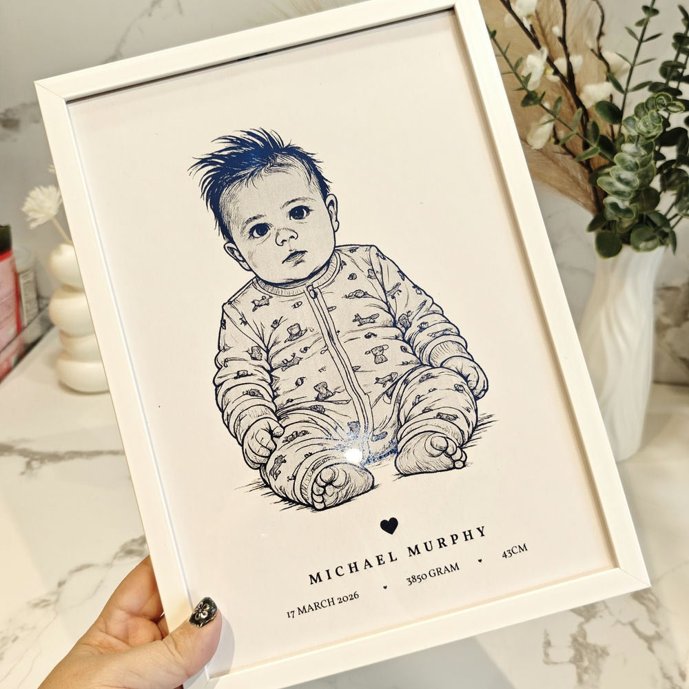 Personalized A4 Blue Foiled Print - Custom Baby Line Art Portrait - Personalized Prints - Printarelle