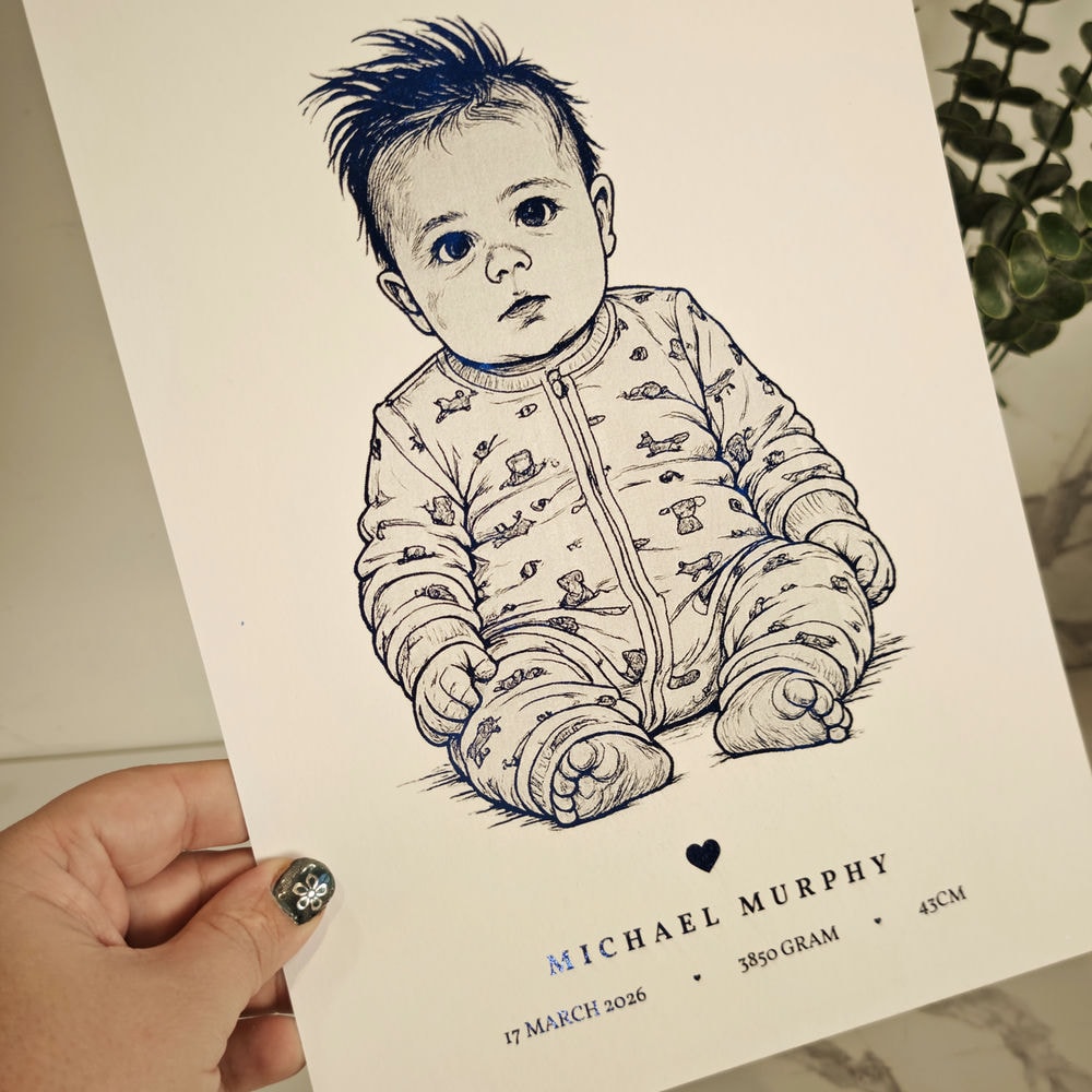 Personalized A4 Blue Foiled Print - Custom Baby Line Art Portrait - Personalized Prints - Printarelle