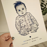 Personalized A4 Blue Foiled Print - Custom Baby Line Art Portrait - Personalized Prints - Printarelle