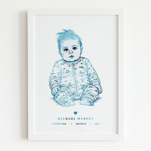 A4 custom baby line art portrait framed in blue holographic foil featuring baby michael murphy in patterned pajamas