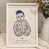 Personalized A4 Blue Foiled Print - Custom Baby Line Art Portrait - Personalized Prints - Printarelle
