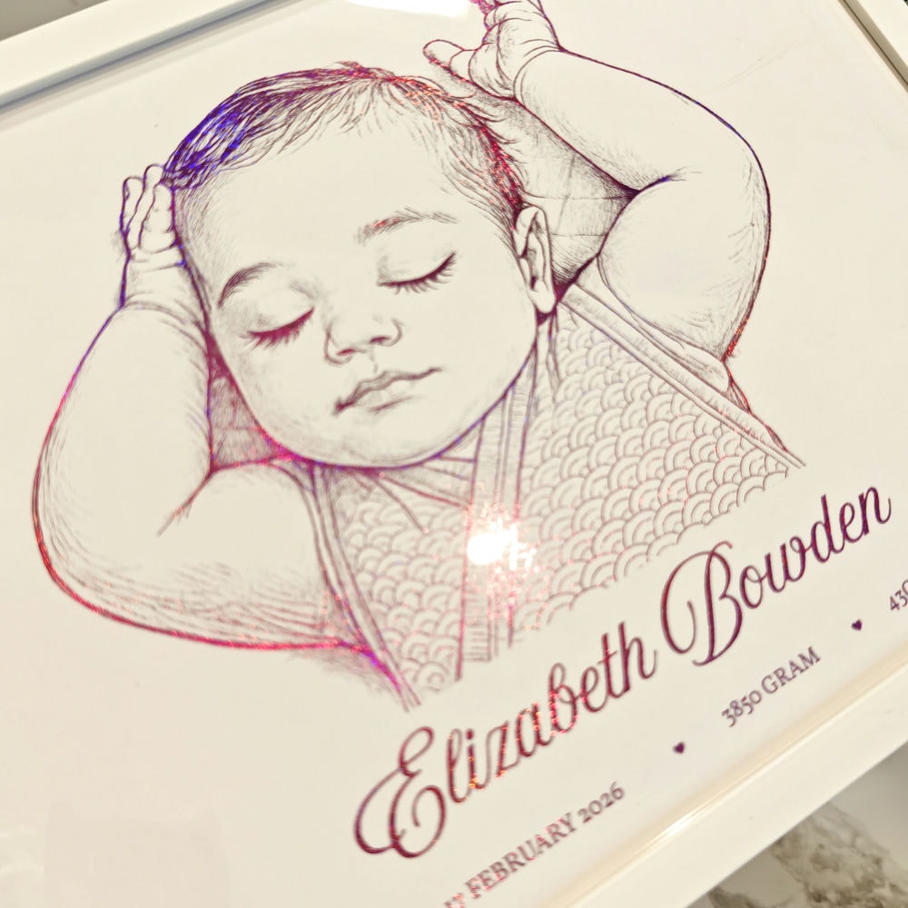 Personalized A4 Pink Foiled Print - Custom Baby Girl Line Art Portrait - Personalized Prints - Printarelle