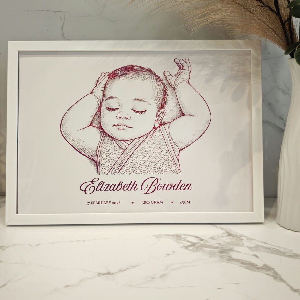 Personalized A4 Pink Foiled Print - Custom Baby Girl Line Art Portrait - Personalized Prints - Printarelle