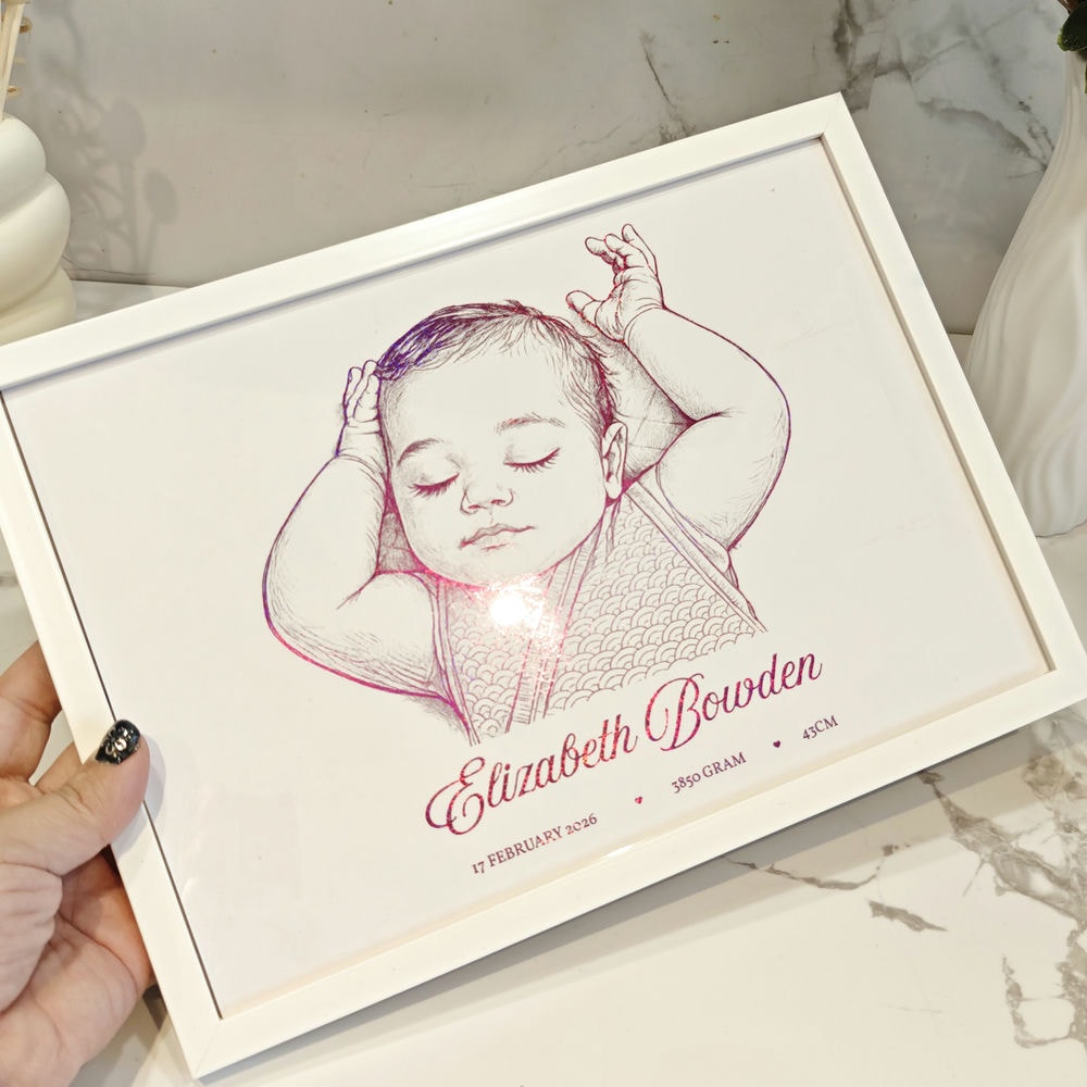 Personalized A4 Pink Foiled Print - Custom Baby Girl Line Art Portrait - Personalized Prints - Printarelle