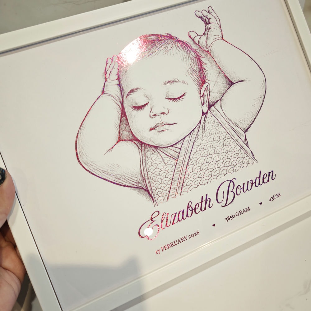 Personalized A4 Pink Foiled Print - Custom Baby Girl Line Art Portrait - Personalized Prints - Printarelle