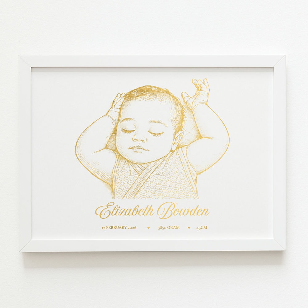Personalized A4 Pink Foiled Print - Custom Baby Girl Line Art Portrait - Personalized Prints - Printarelle