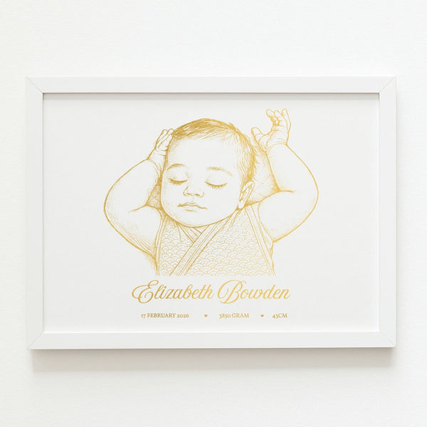 Personalized a4 baby girl line art portrait print in rose gold foil featuring elizabeth bowden and birth details