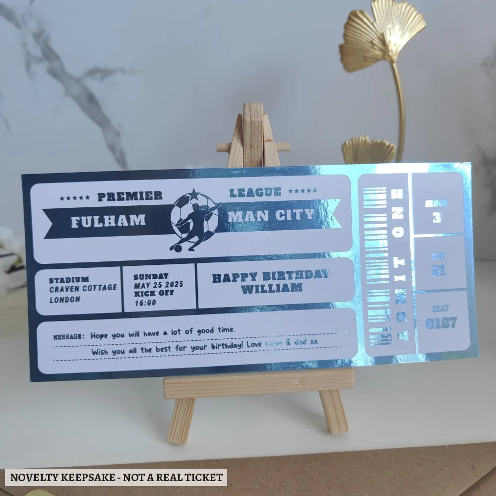 Personalized Foil Football Ticket – A Unique Keepsake for Soccer Fans - personalised foil football, match details,