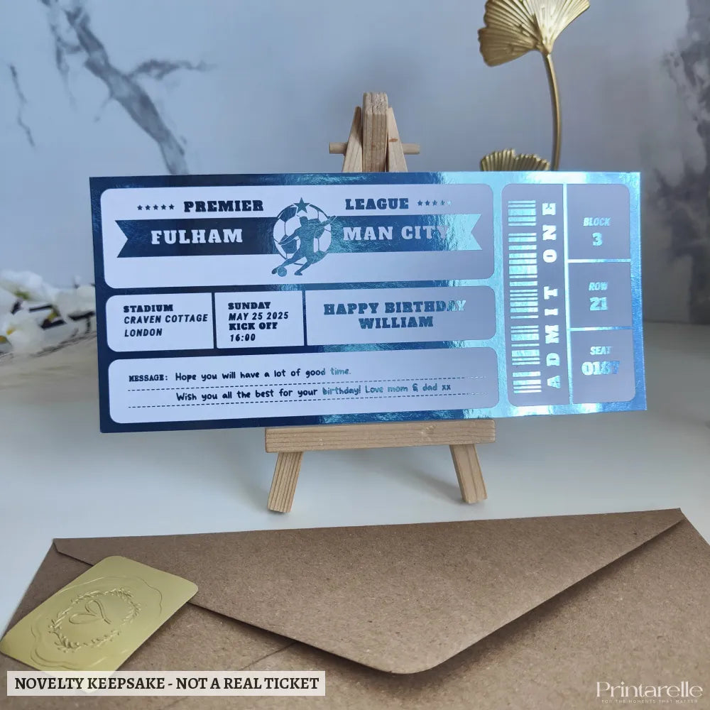 Personalized Foil Football Ticket – A Unique Keepsake for Soccer Fans - personalised foil football, match details,