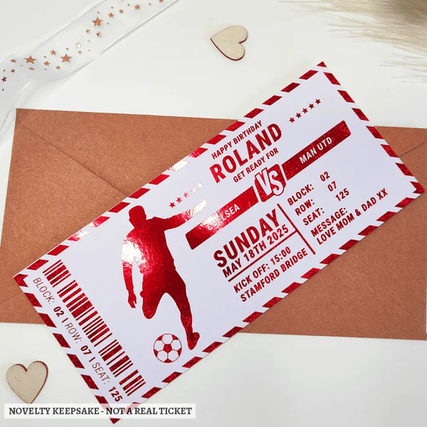 Red and white foil football ticket with player silhouette design for a personalized foil football custom match day gift