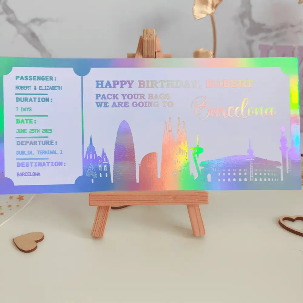 Personalized Foil Trip Reveal Ticket | Barcelona Travel Gift - Foil Ticket