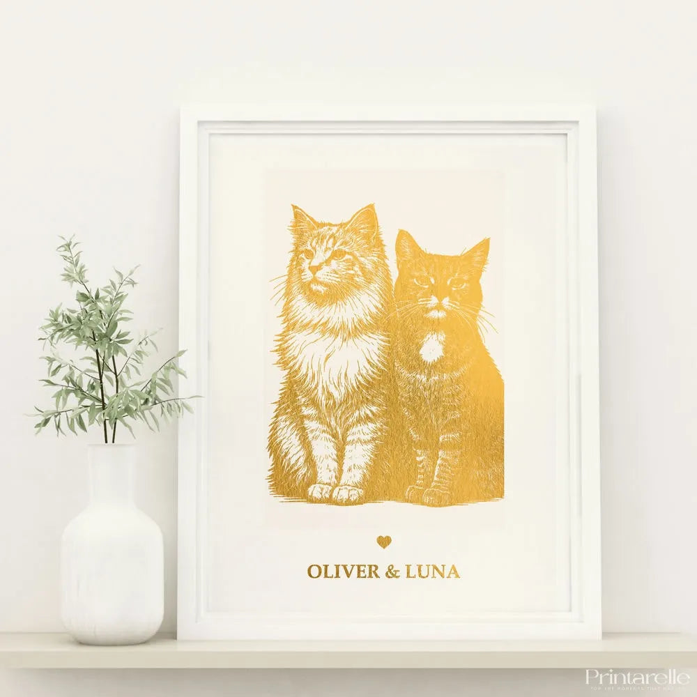 Personalized Gold Foiled Multi-Pet Print - Custom Two Cats Portrait - Personalized Prints - Printarelle
