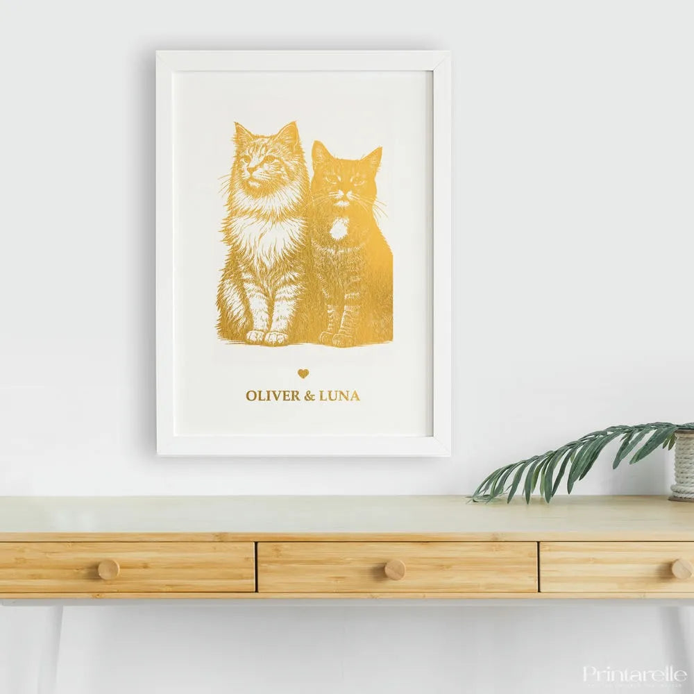 Personalized Gold Foiled Multi-Pet Print - Custom Two Cats Portrait - Personalized Prints - Printarelle