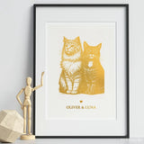 Personalized Gold Foiled Multi-Pet Print - Custom Two Cats Portrait - Personalized Prints - Printarelle