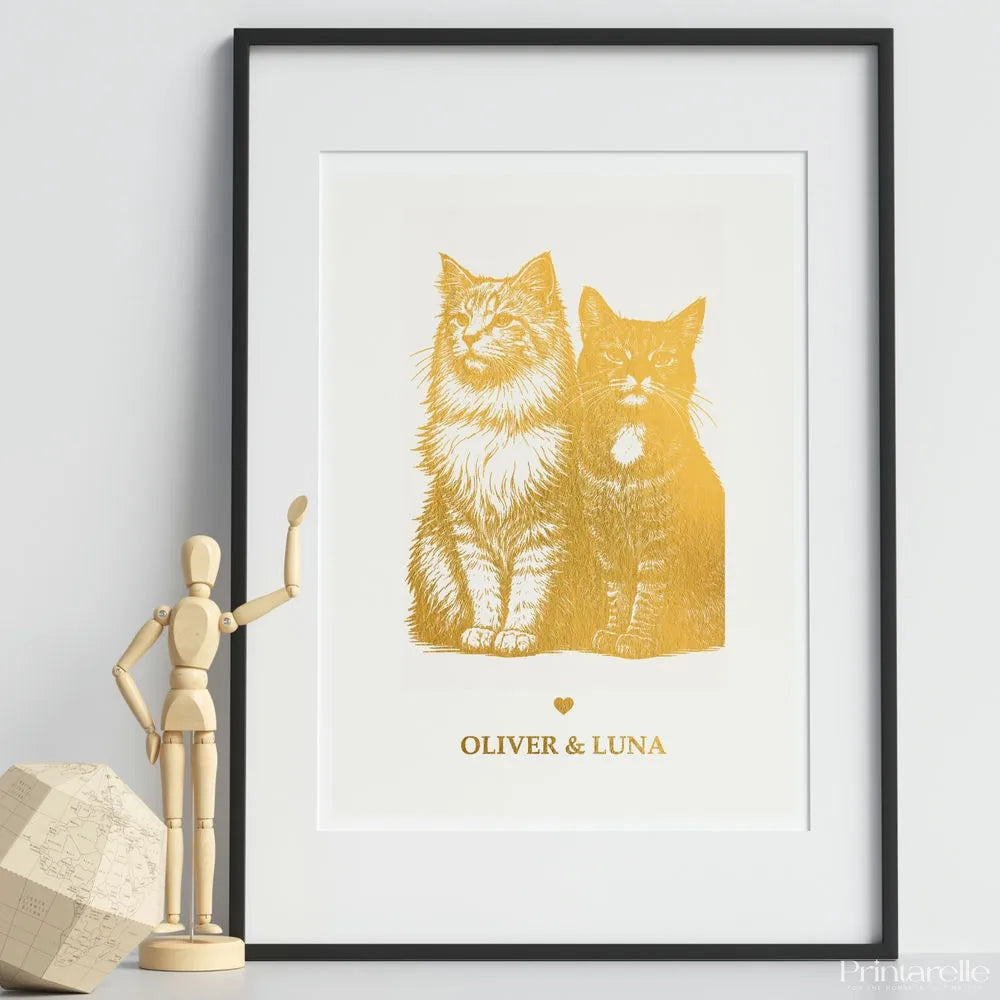 Personalized Gold Foiled Multi-Pet Print - Custom Two Cats Portrait - Personalized Prints - Printarelle