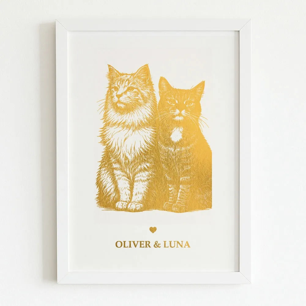 Personalized Gold Foiled Multi-Pet Print - Custom Two Cats Portrait - Personalized Prints - Printarelle