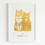 Personalized Gold Foiled Multi-Pet Print - Custom Two Cats Portrait - Personalized Prints - Printarelle
