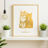 Personalized Gold Foiled Multi-Pet Print - Custom Two Cats Portrait - Personalized Prints - Printarelle