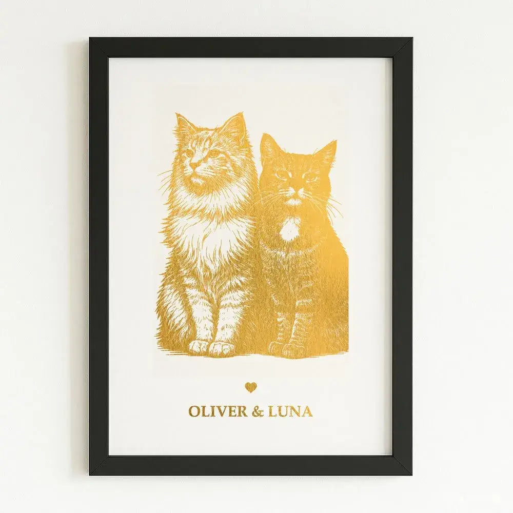 Custom multi-pet portrait with gold foil finish - two cats