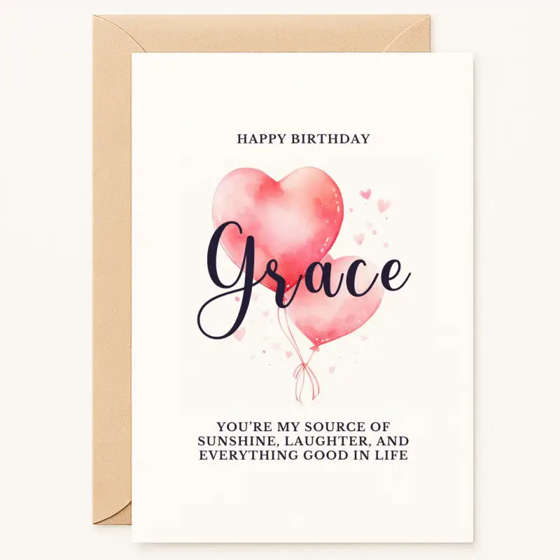 Personalized birthday card with watercolor heart balloons, custom name, and heartfelt message, handmade by Printarelle in Ireland
