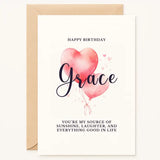 Personalized birthday card with watercolor heart balloons, custom name, and heartfelt message, handmade by Printarelle in Ireland