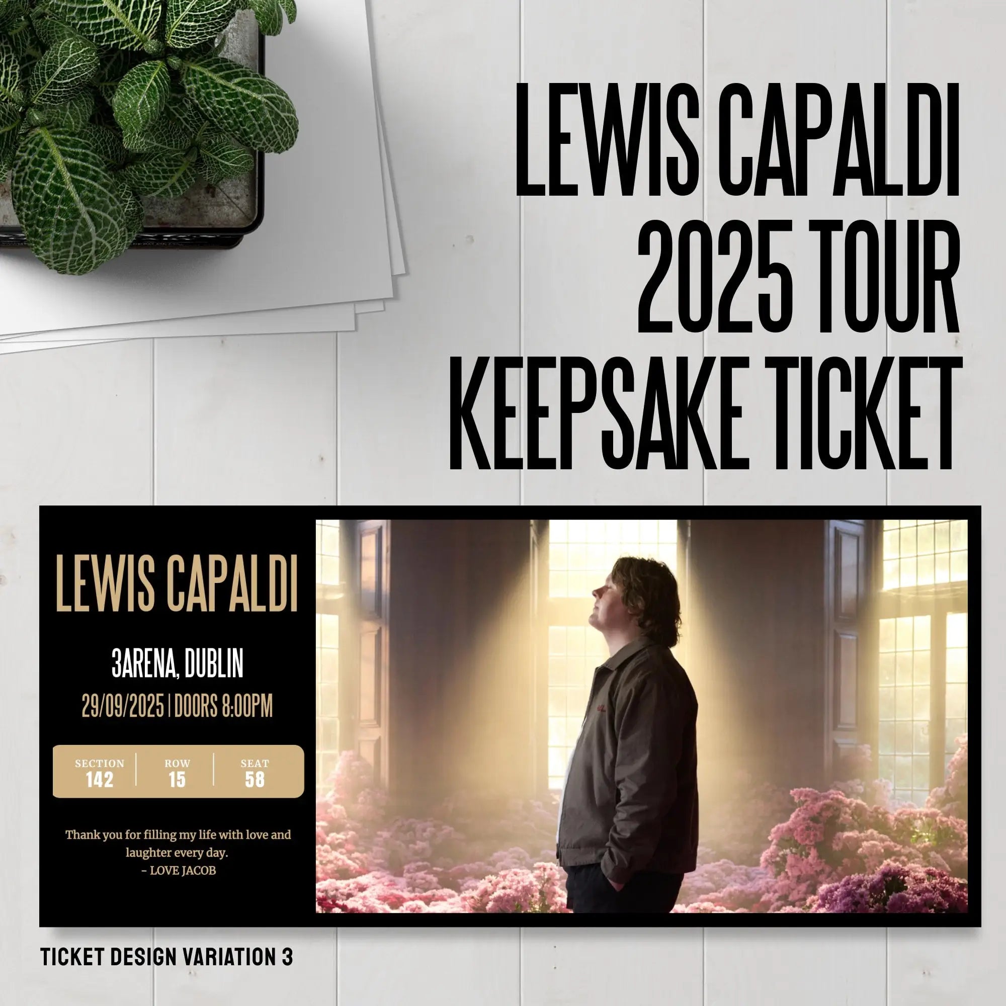 Personalized Lewis Capaldi Concert Ticket – Custom Keepsake - Variation 3 / 300gsm Cardstock - Laminated Ticket