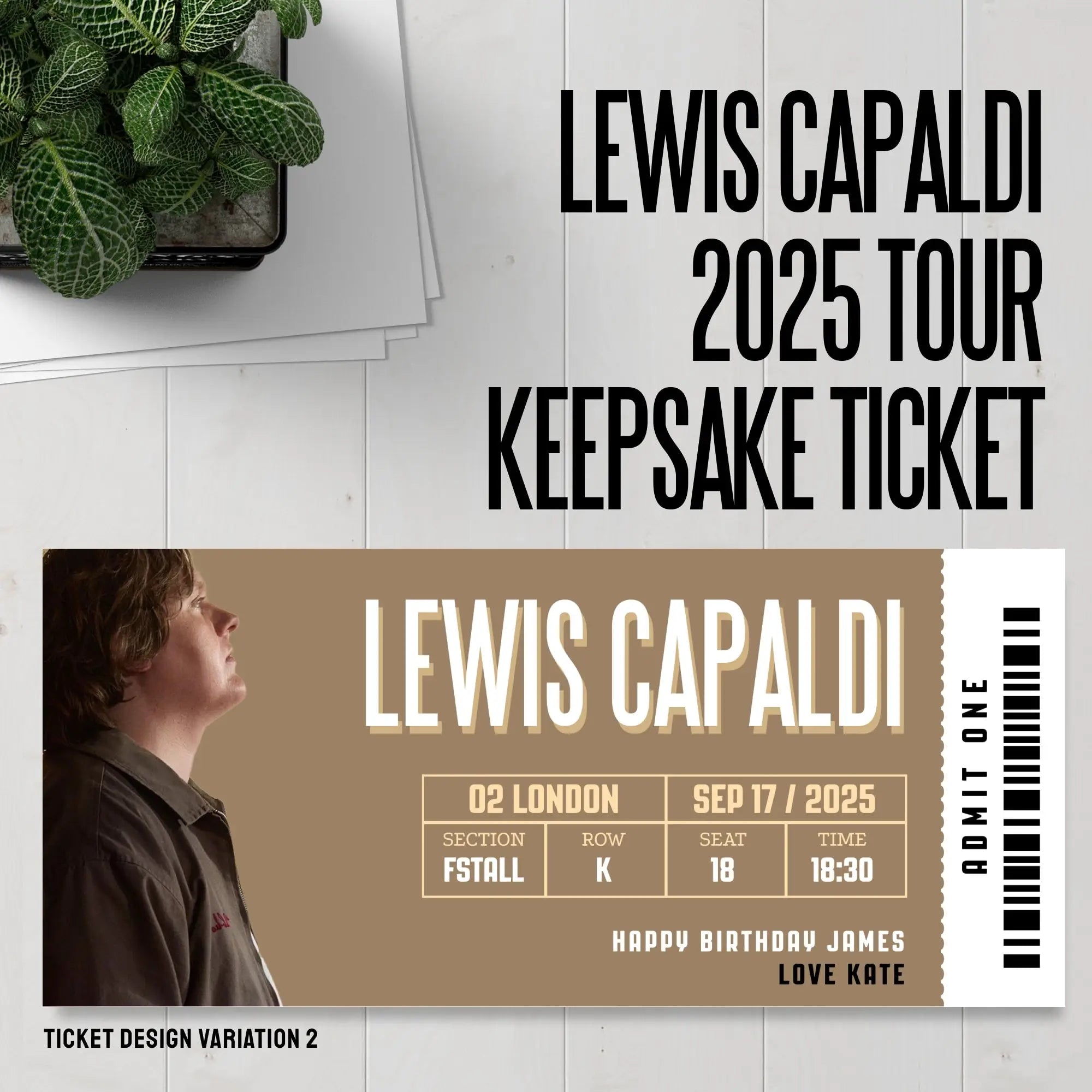 Personalized Lewis Capaldi Concert Ticket – Custom Keepsake - Variation 2 / 300gsm Cardstock - Laminated Ticket