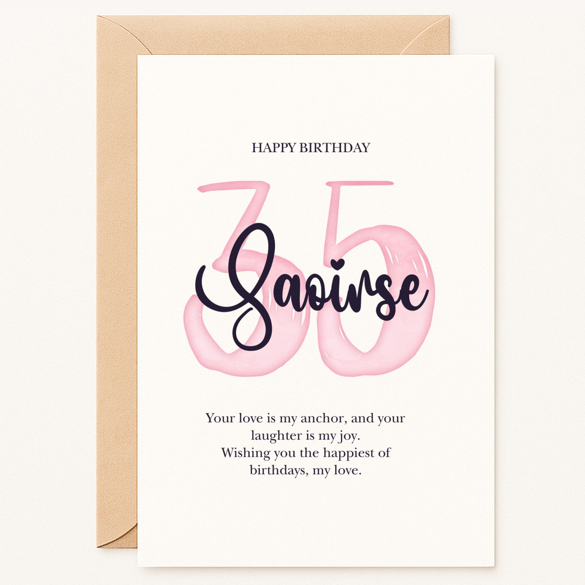 Personalized milestone birthday card with pink watercolor number, custom name, and heartfelt message, handmade by Printarelle in Ireland