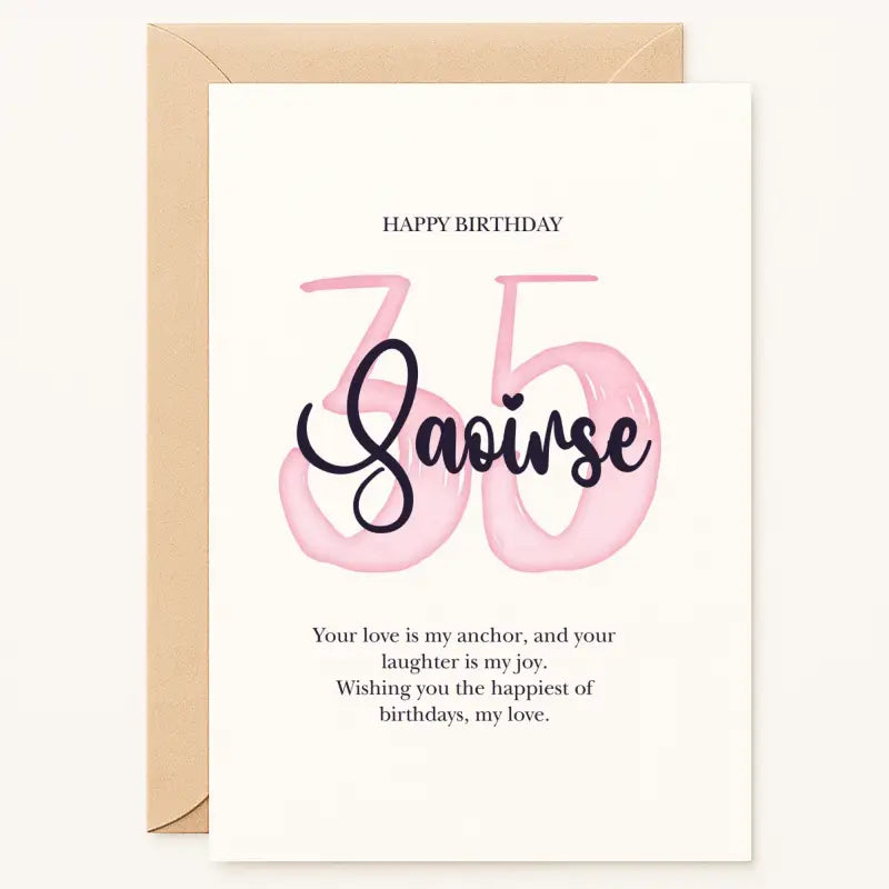 Personalized milestone birthday card with pink watercolor number, custom name, and heartfelt message, handmade by Printarelle in Ireland