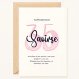 Personalized milestone birthday card with pink watercolor number, custom name, and heartfelt message, handmade by Printarelle in Ireland