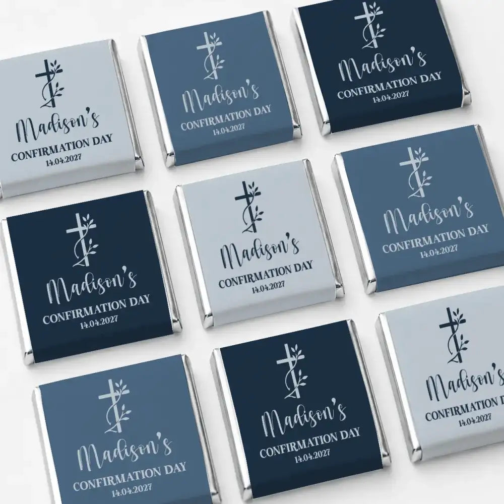 Personalized navy and gray mini neapolitan chocolates with silver foil and cross design for confirmation favours